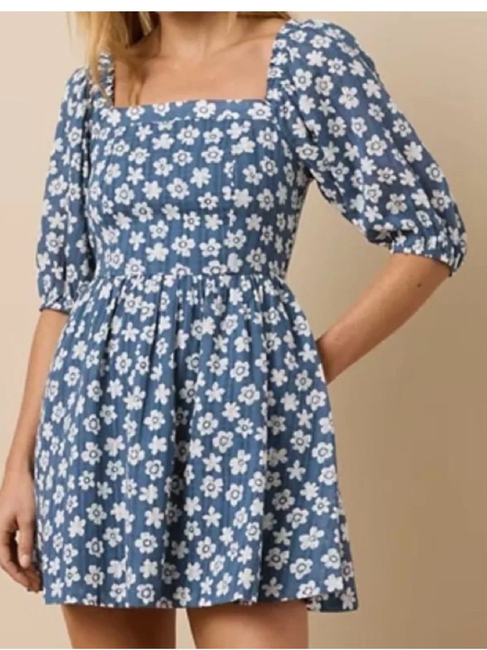 American Eagle Outfitters Blue Floral Square-Neck puff sleeve Mini Dress XS